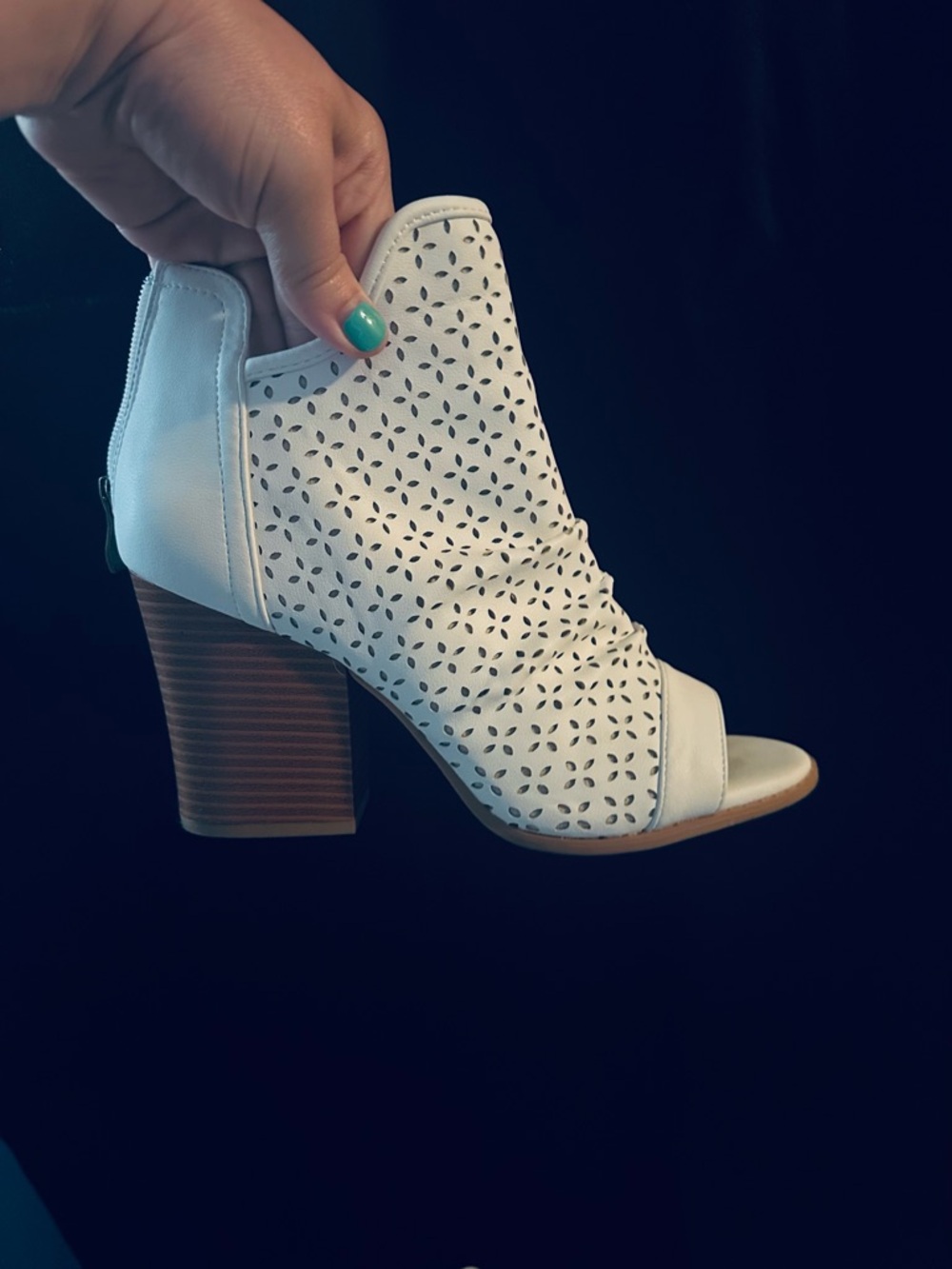 Women’s White Perforated Peep-Toe Block Heel Ankle Boot
